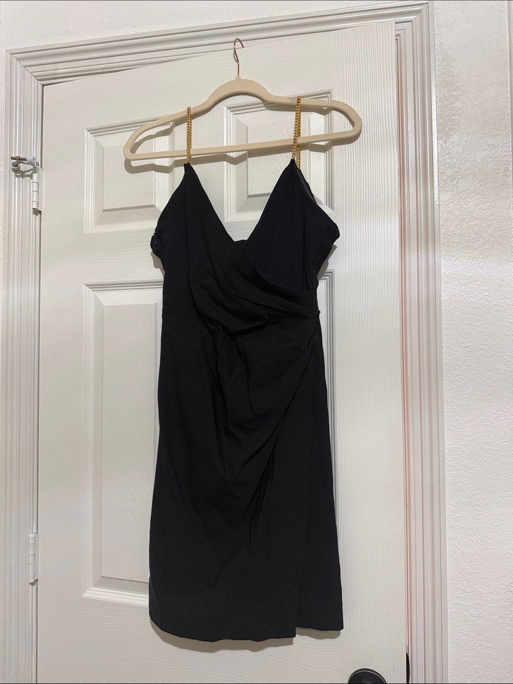 Black V-Neck Slip Dress with Gold Chain Straps